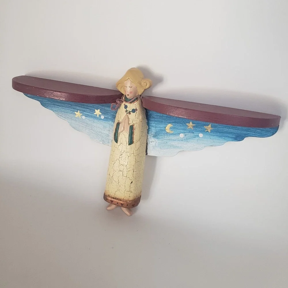VTG Praying Angel Wood Wall Shelf Hand Painted Folk Art 17